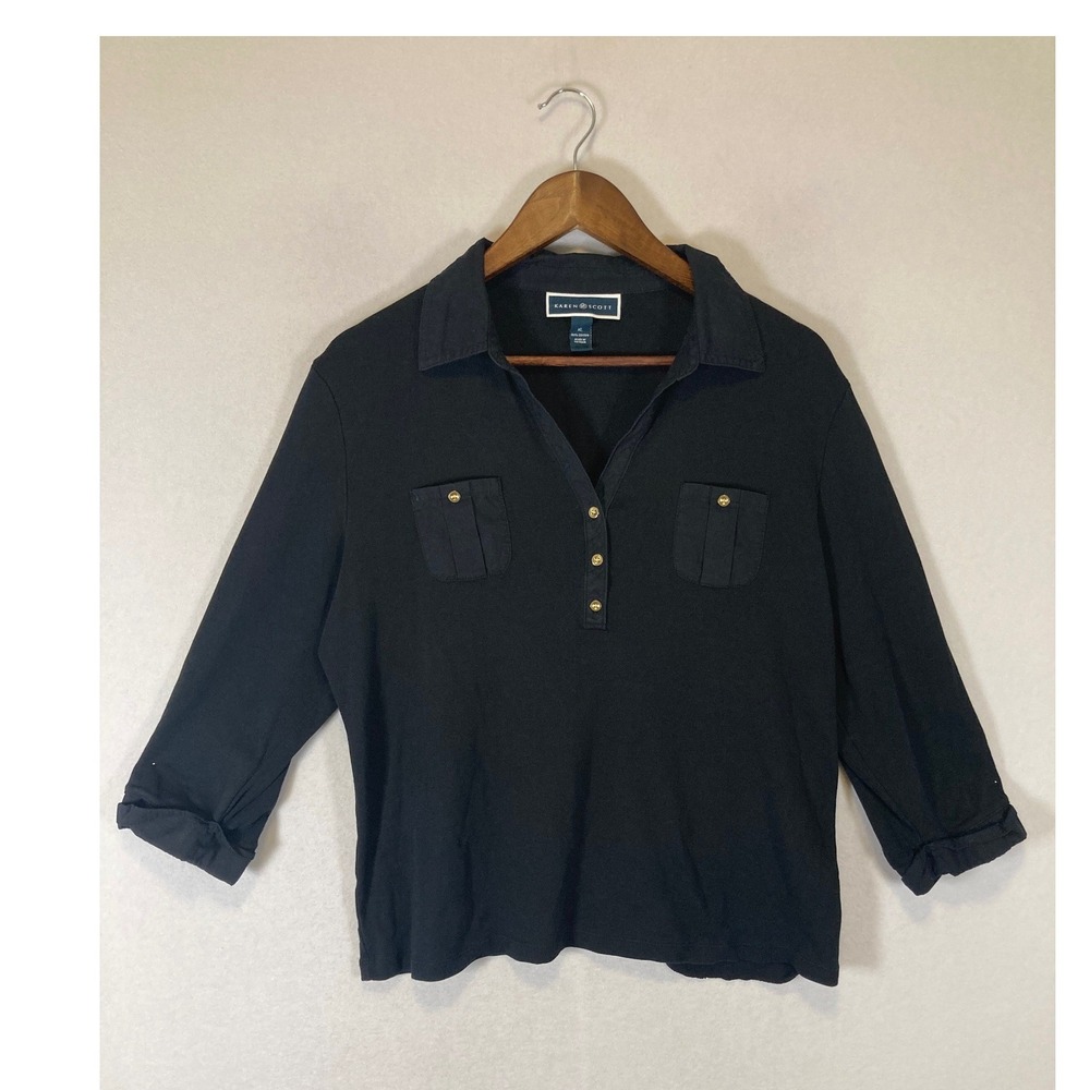 Classic Core Karen Scott Women XL Black 100% Cotton 3/4 Roll-Tab Sleeve Polo Top